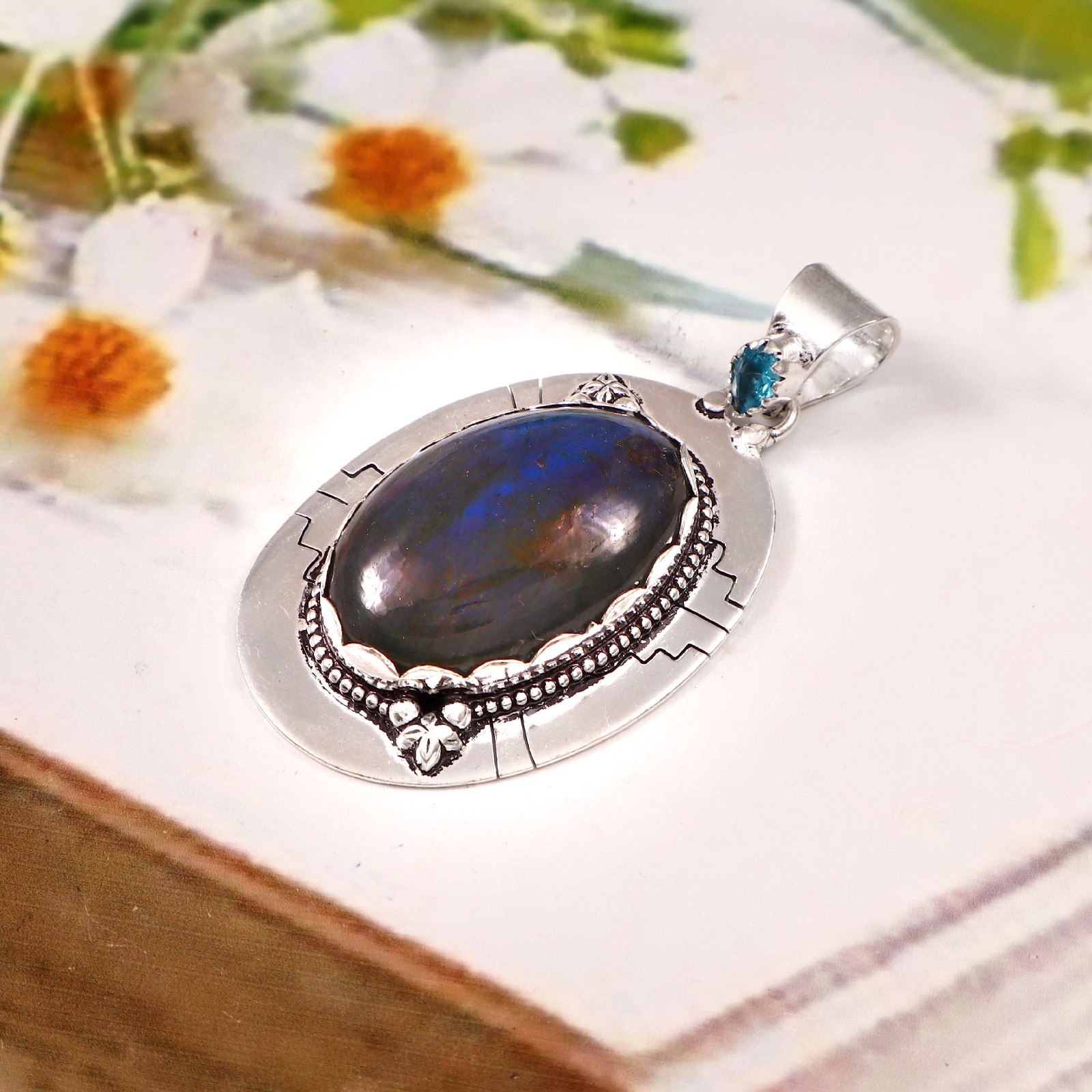 Blue Labradorite & Blue Topaz Pendant 925 Sterling Silver Handmade Necklace
