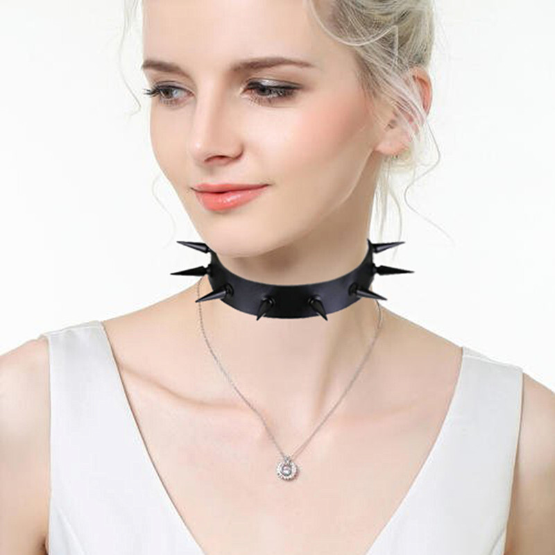 Gothic Punk PU Leather Alloy Spike Rivet Choker Necklace Unisex Rock Club Wear