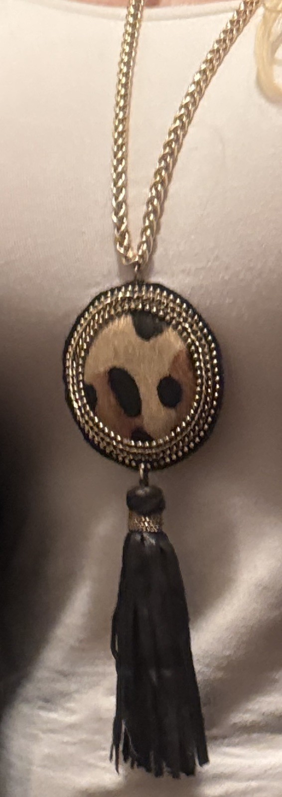 Chico’s Long Leopard Print Medallion Black Tassel Necklace 34″ Gold Tone
