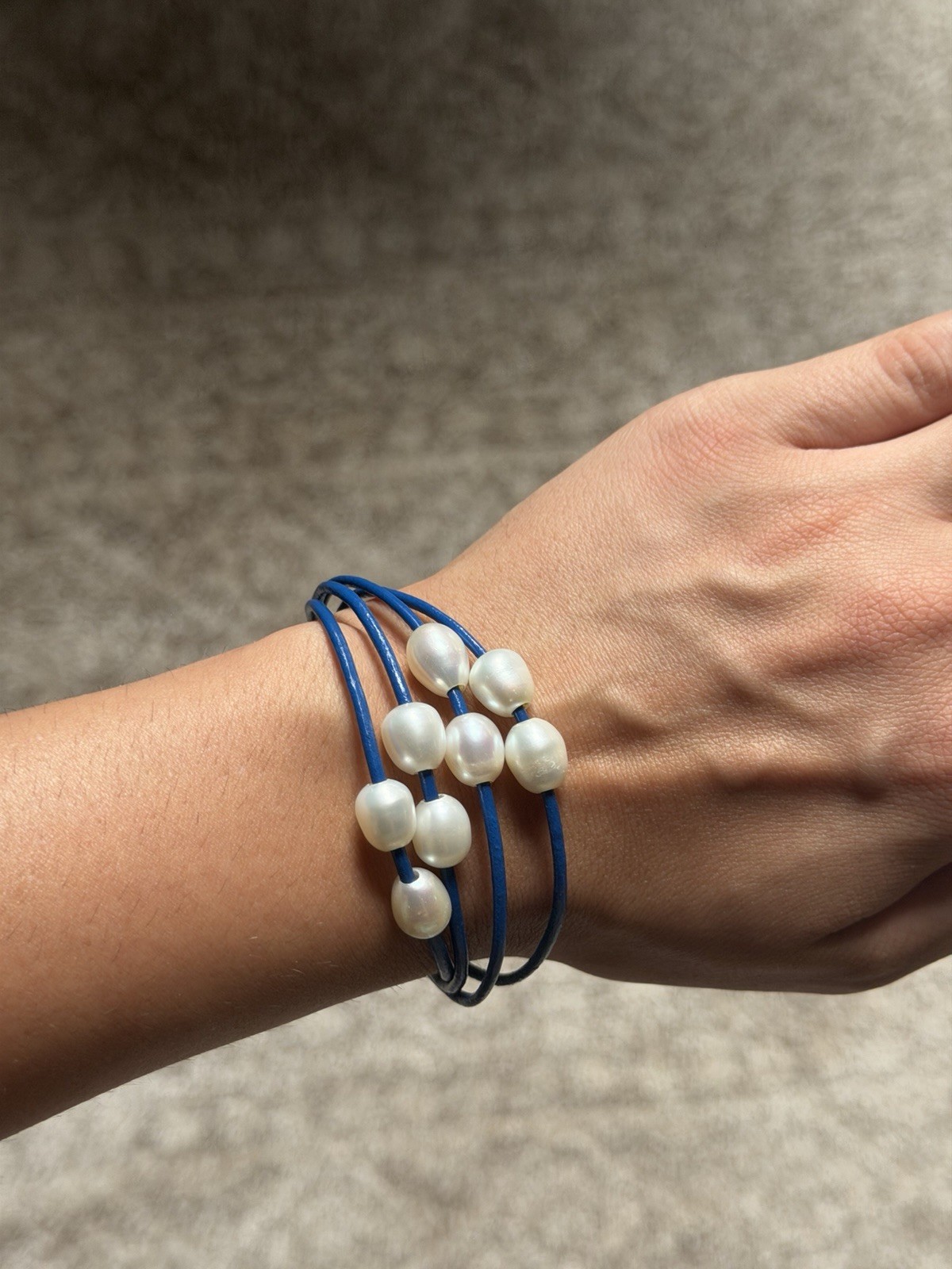Stackable Blue/White Beaded Cord Wrap Bracelet, Magnetic Clasp, 8 Pearls