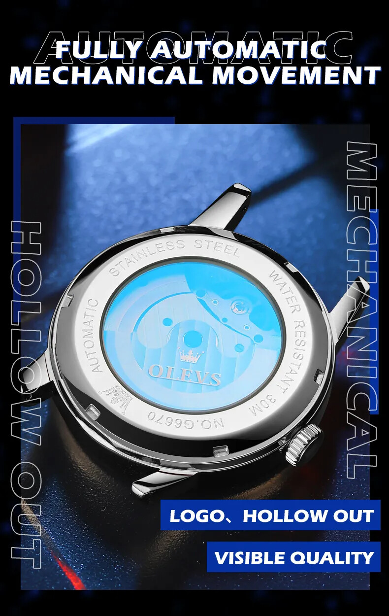 OLEVS Skeleton Self-Wind Automatic Mechanical Men’s Watch Leather Moon Phase