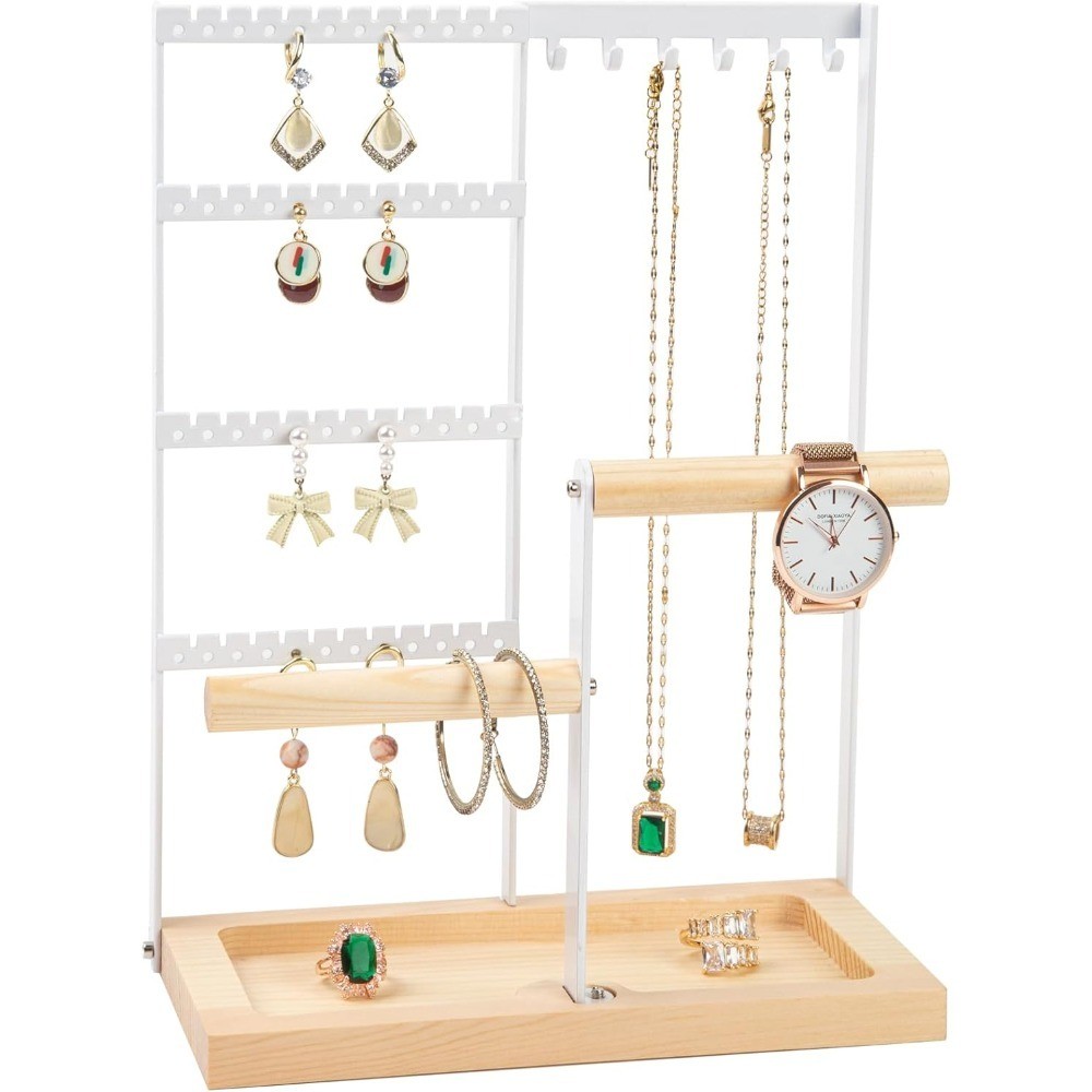 4 Tier Jewelry Organizer Stand with 48 Holes and 6 Hooks Wooden Display Box for