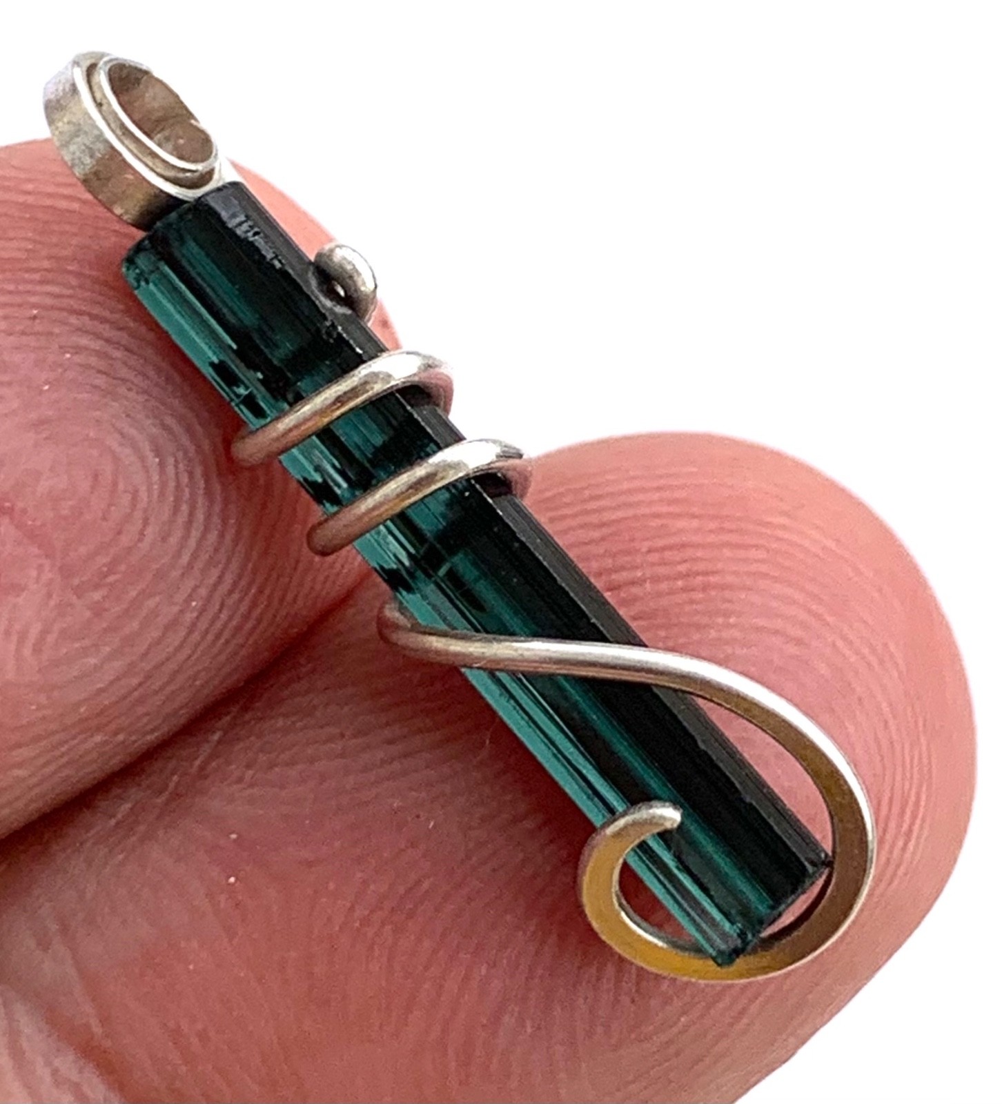 Blue Tourmaline Crystal Pendant, Hand Forged Sterling Silver Wire Wrap 6.70