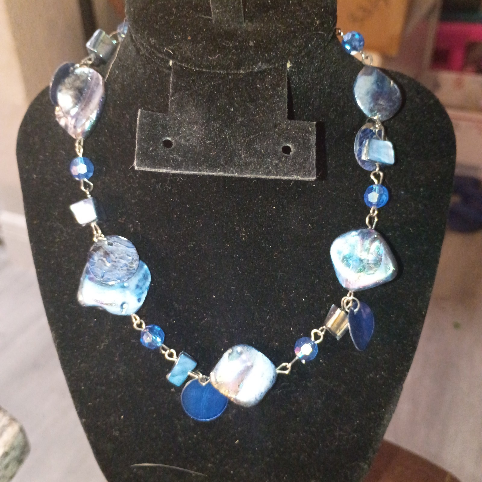 Handcrafted Blue Glass Beaded Necklace, Silver-Tone Cable Chain, Bohemian