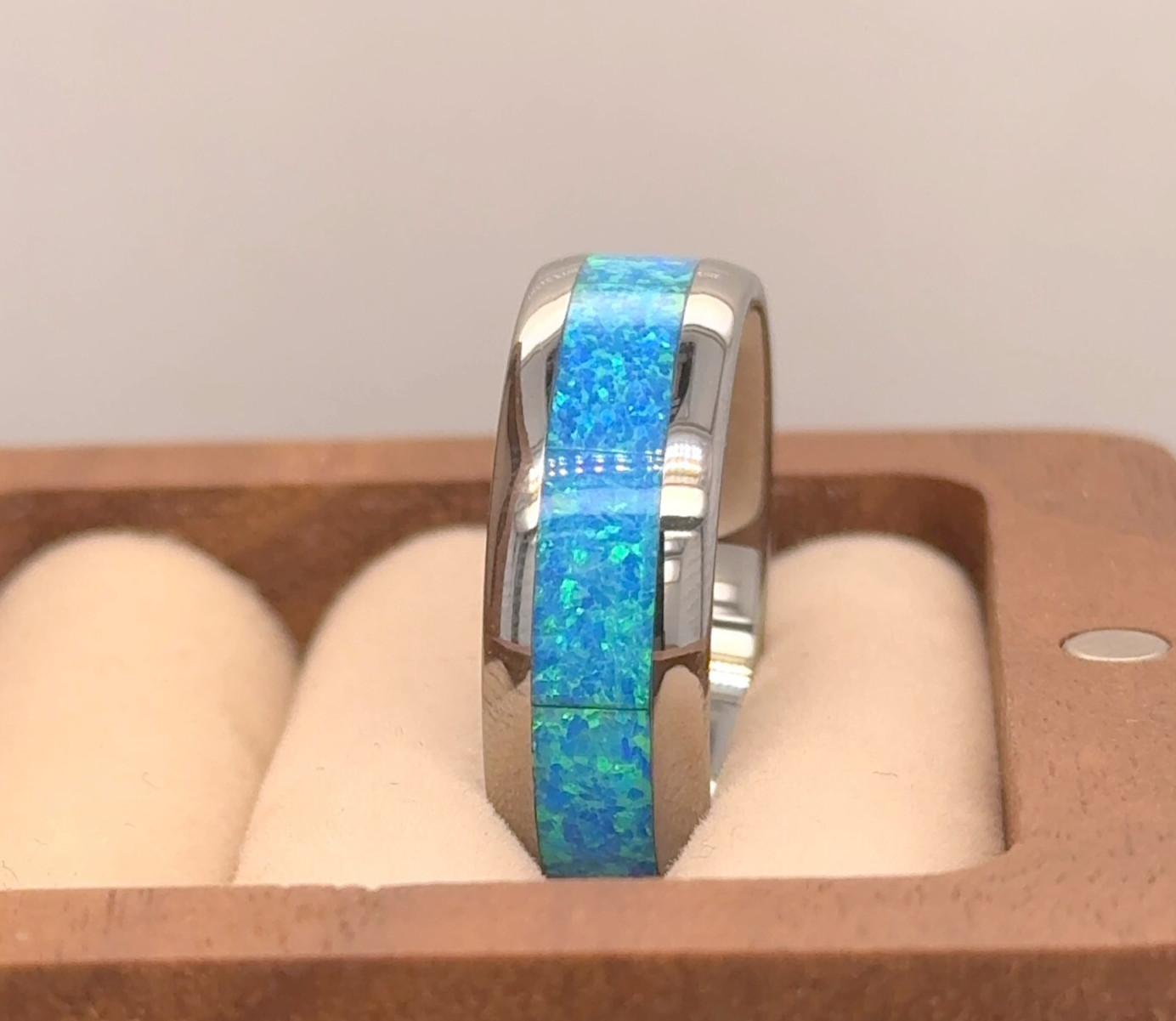 Domed Silver Tungsten Wedding Ring – Blue Green Opal Inlay Custom Engraved Band