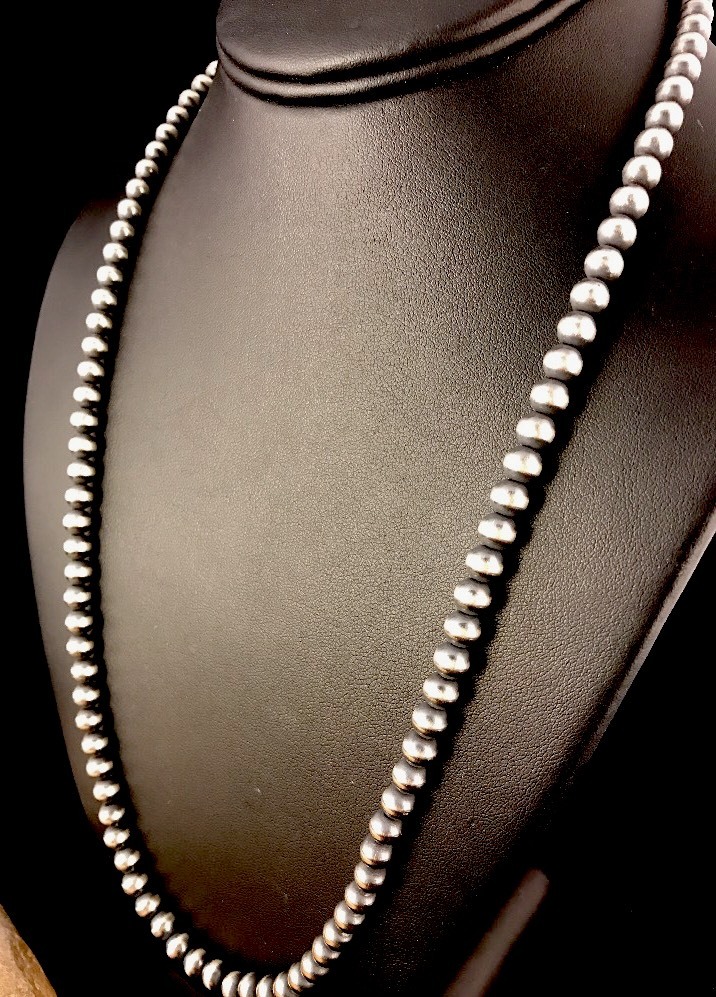 Southwestern 3mm Sterling Silver Pearls 20″ Hook Eye Cone Necklace