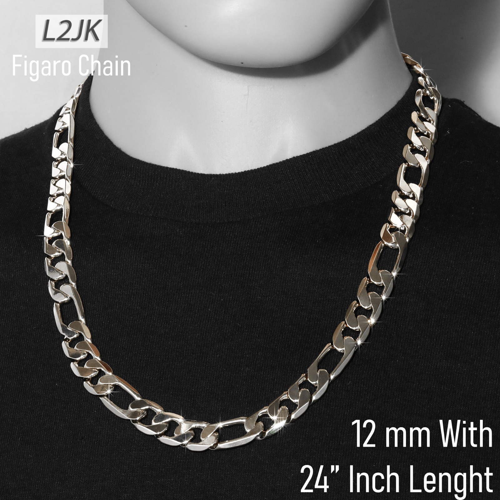 Figaro Chain 925 Silver Plated 5, 6, 7, 8, 9, 10, 11, 12mm – 24″ & 30″ Men Women