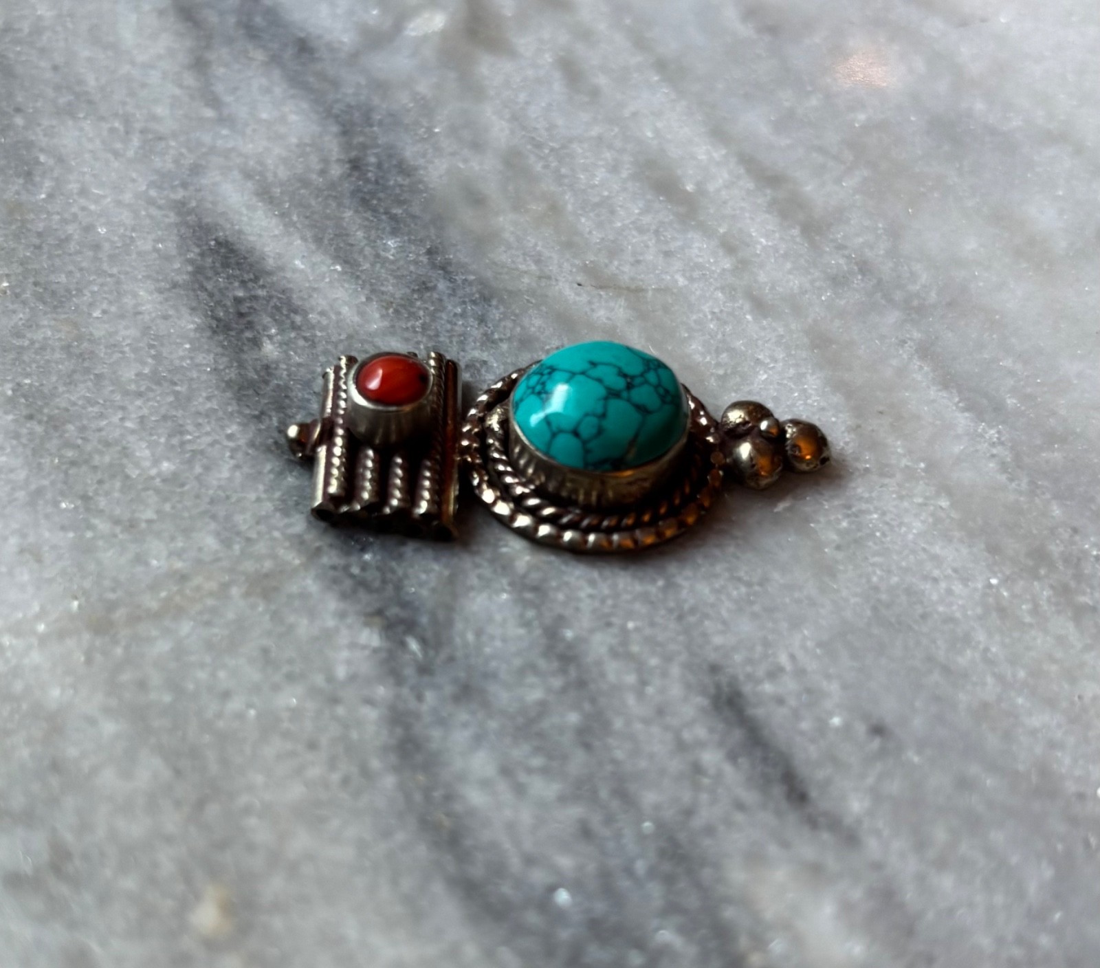 Turquoise, Coral, Tibetan Silver Bead w/5 holes for Necklace C643