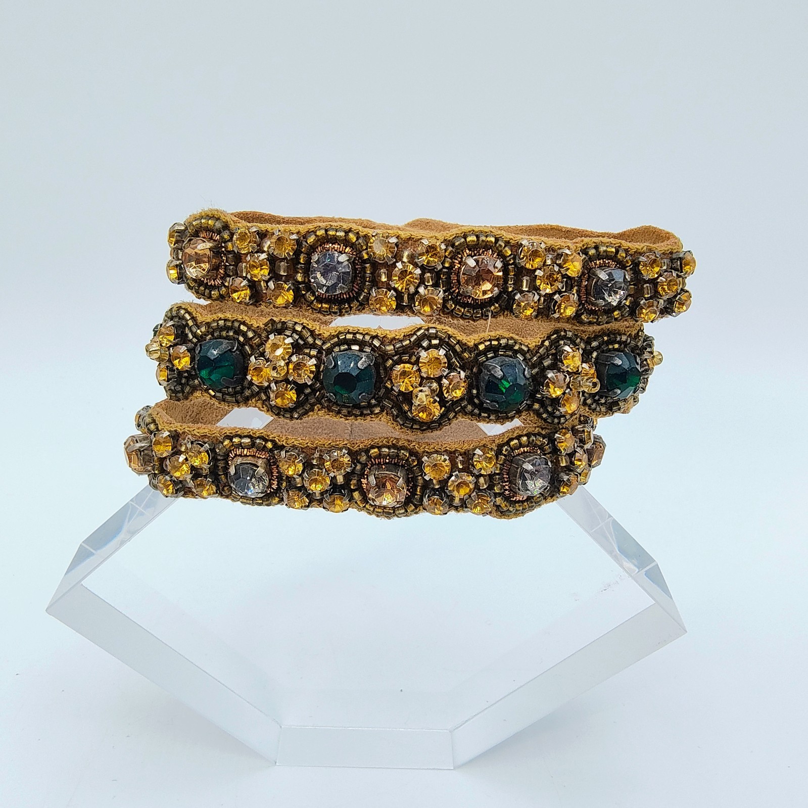 Bohemian Maximalist Cuff Bracelet Faux Leather Green Amber Color Rhinestone