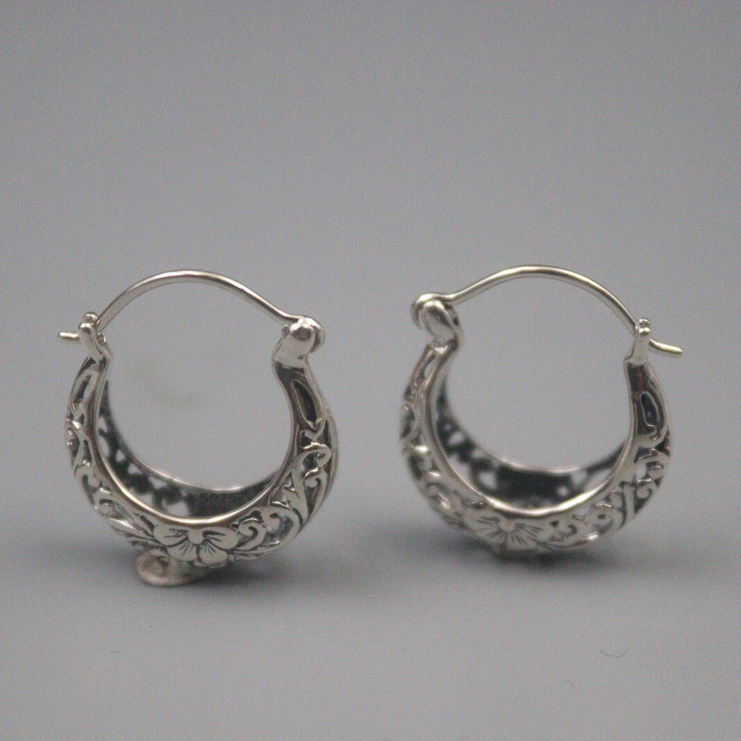 Real 925 Sterling Silver Earrings Hoop Vintage Pattern Small Earrings Leverback