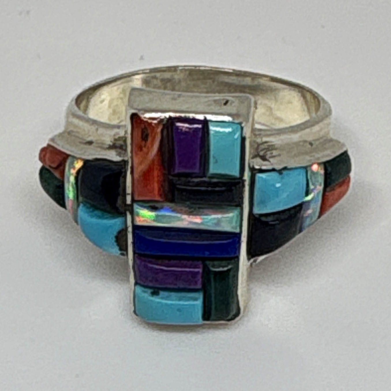 Vintage Native American Multi Stone Mosaic Inlay Ring Size 6.75 Lee Charley