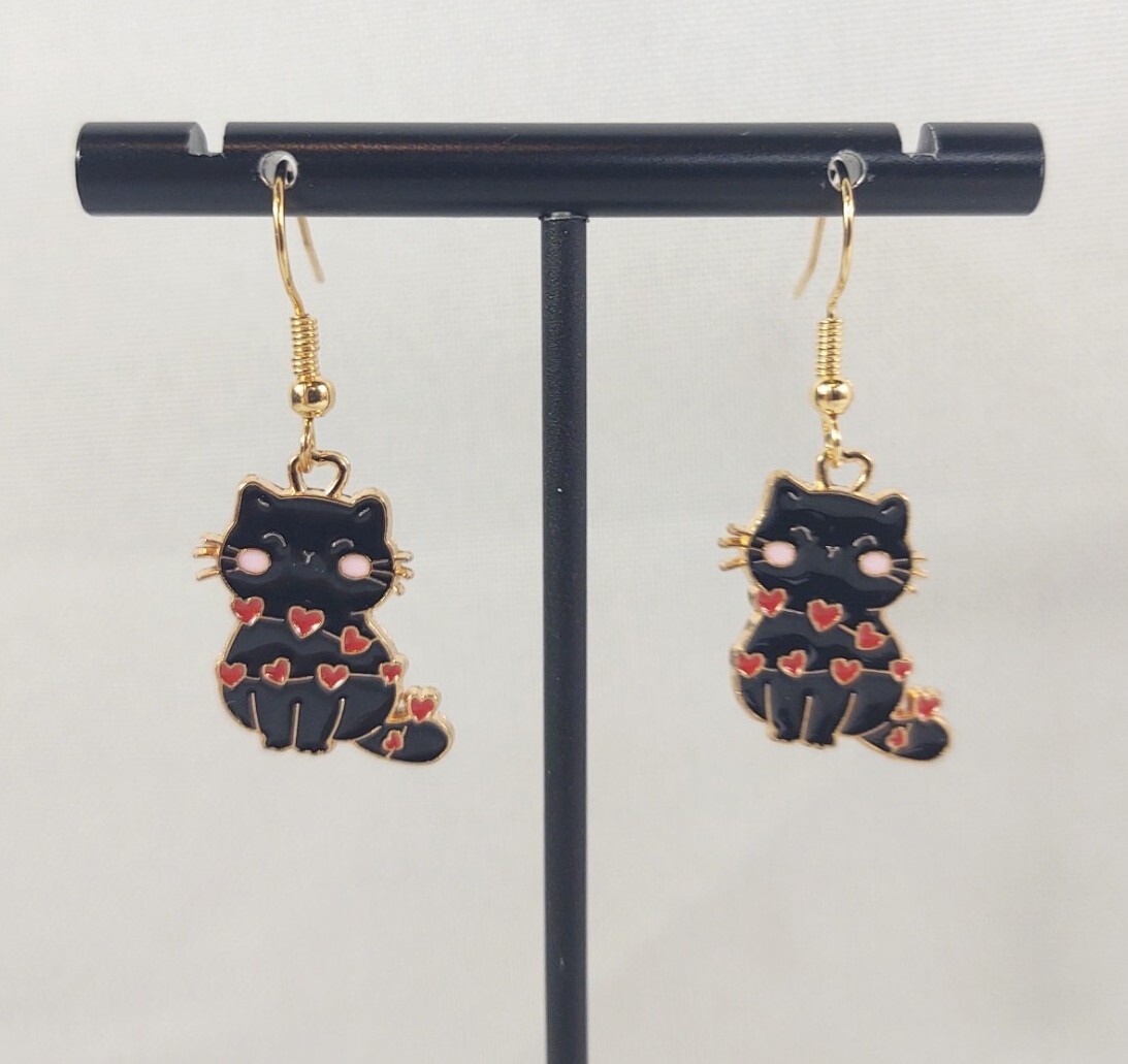 Hook Drop Dangle Pierced Earrings Black Cats Red Hearts Love Costume Jewelry