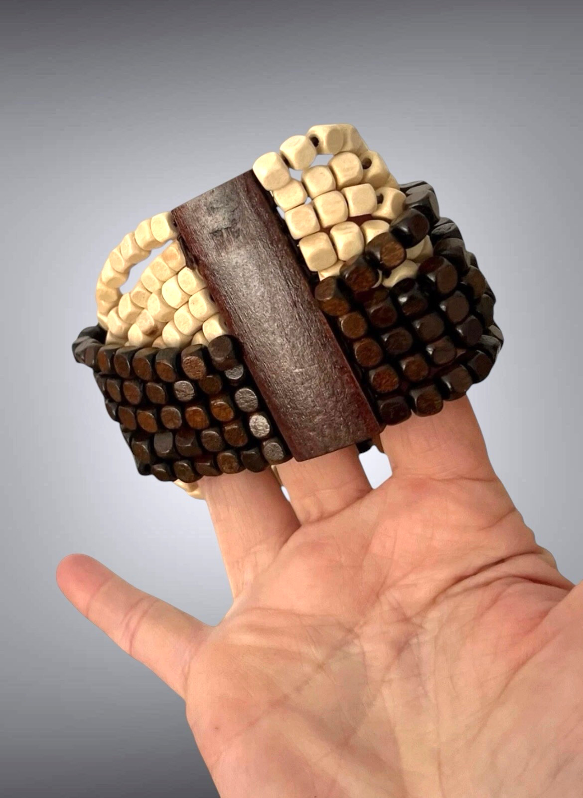 2.3/8 Wide Beige Brown Lightweight Statement Stretchable Wooden Wood Bracelet