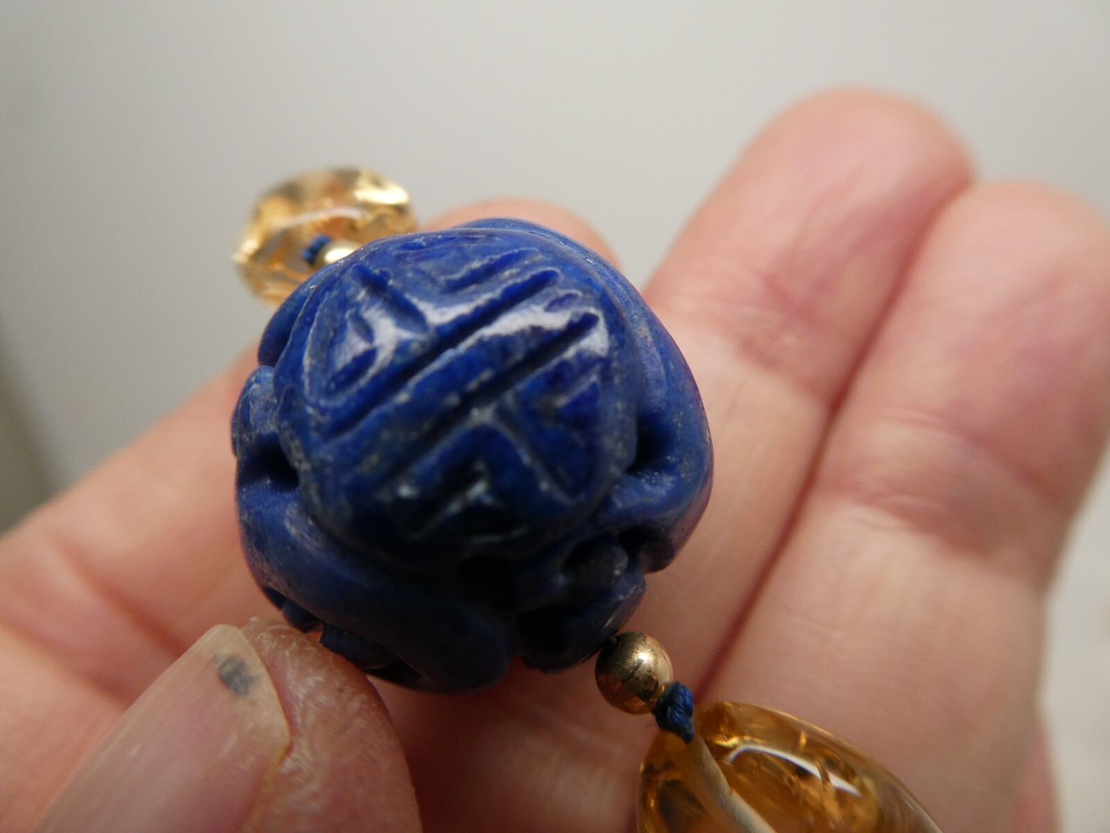Vintage Lapis Lazuli & Citrine Gemstone Bead Carved Gold Filled Necklace 15.5″