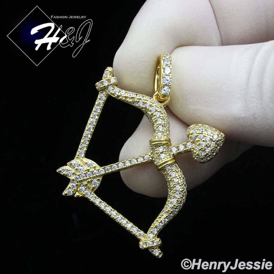 925 STERLING SILVER ICY BLING CZ GOLD PLATED 3D CUPID’S BOW ARROW PENDANT*GP410