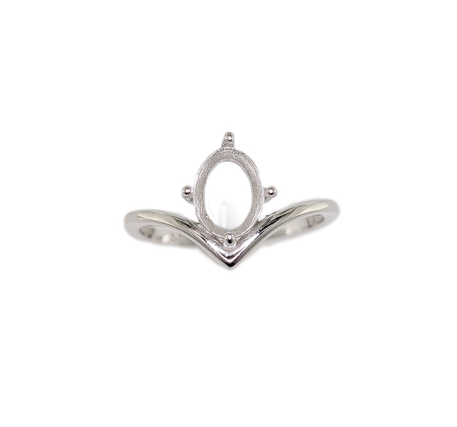 8 x 6 mm Oval Asymmetric V Solitaire Ring Setting Sterling Silver Rhodium Finish
