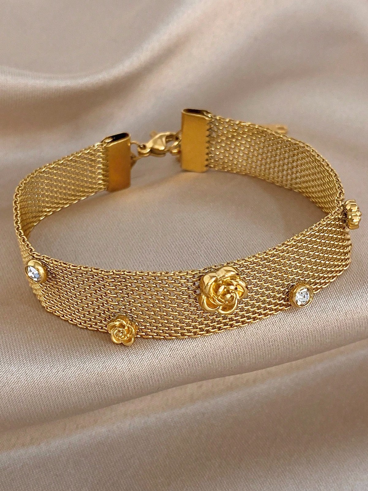 Gold Mesh Bracelet Rose Charm Crystal Accent Vintage Style Jewelry