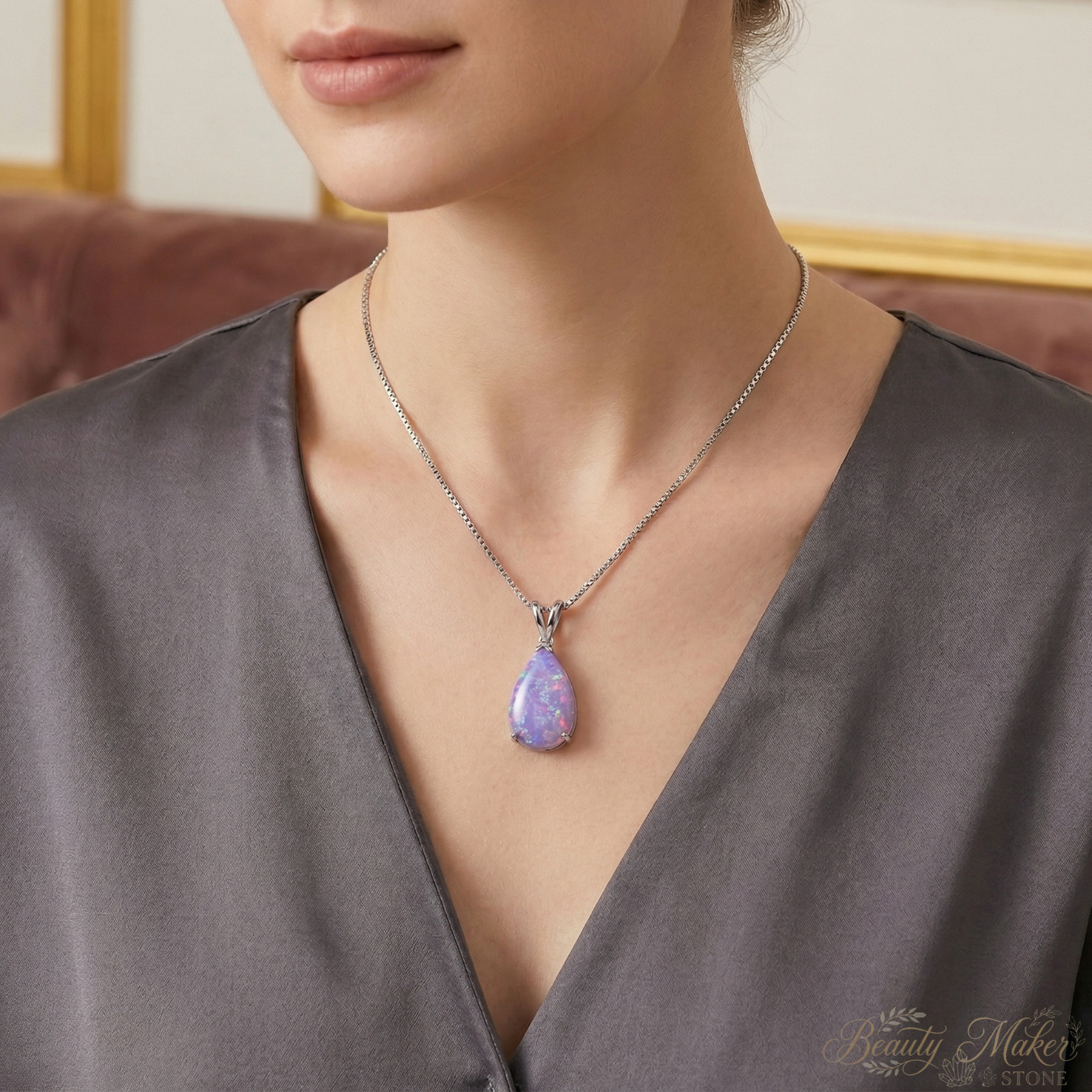 Amethyst Purple Fire Opal Pear Necklace Crystal Pendant For Her Anniversary Gift