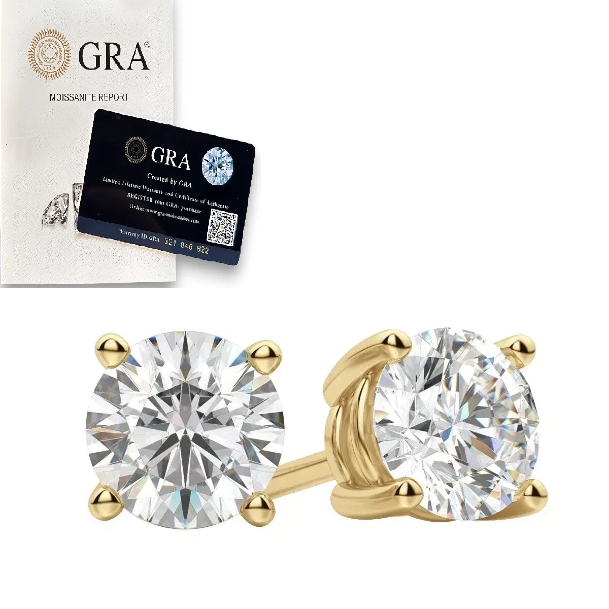 Moissanite Push Back 14k Gold Solitaire Stud Earrings GRA Certified D/VVS1