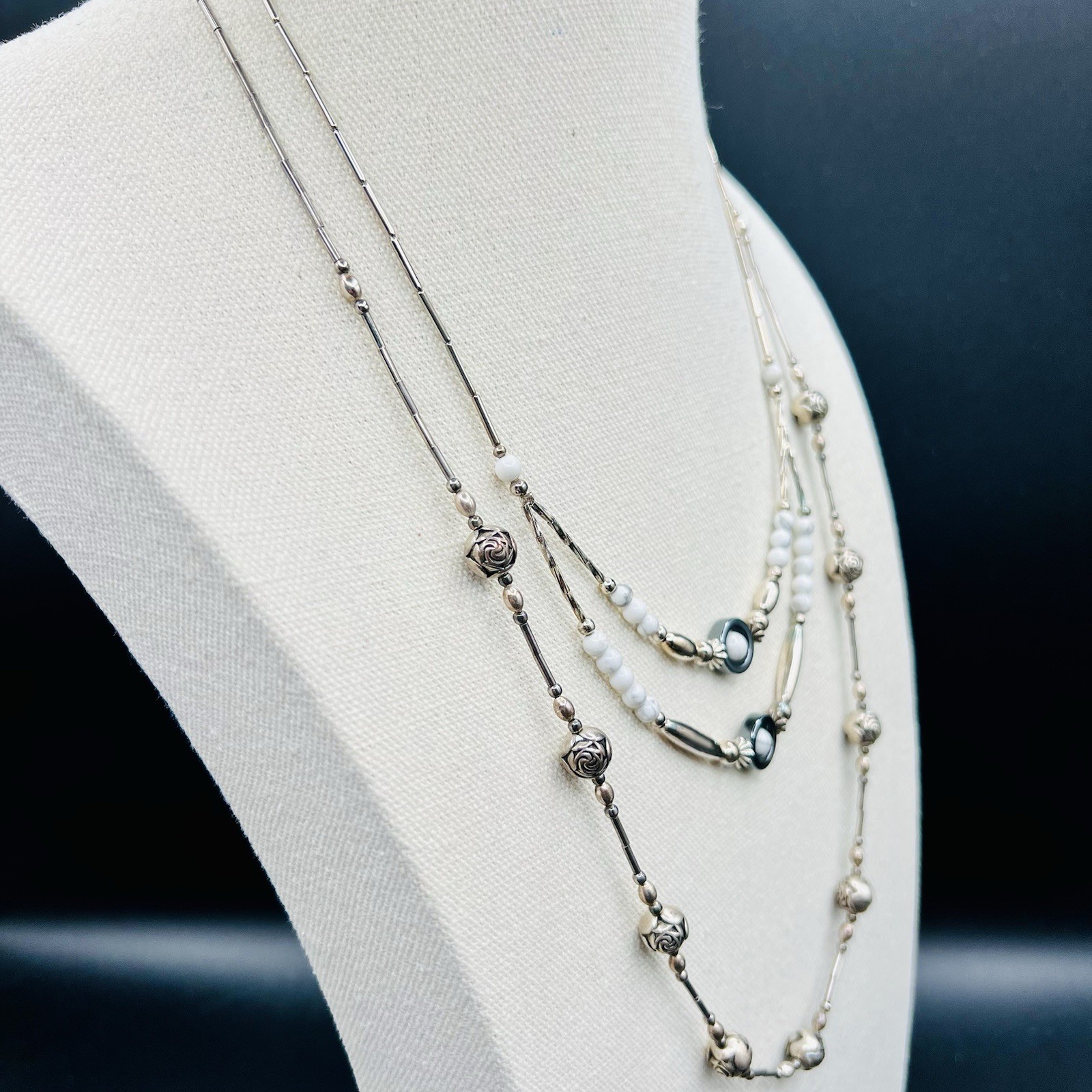 Vintage Silver Tone White Gray Marble Cabochon & Rose Ball Layered Necklace Lot
