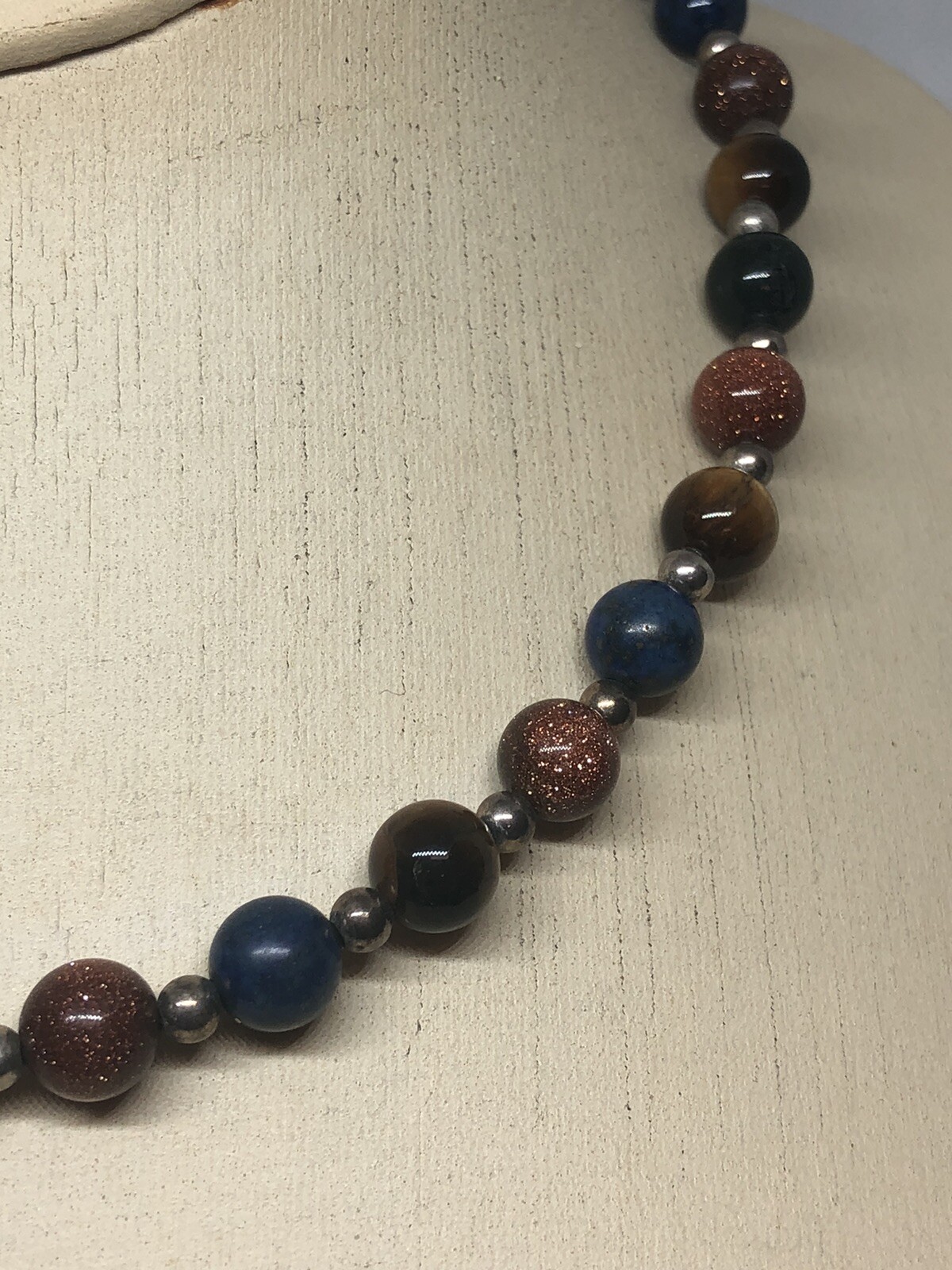 VTG TIGER EYE, LAPIS, SUNSTONE & SILVER BEADED NECKLACE ON SILK STRAND