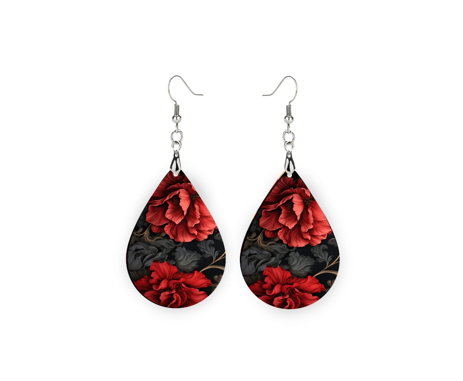 Ruby Red and Black Floral Wood Dangle Teardrop Print Earrings Jewelry