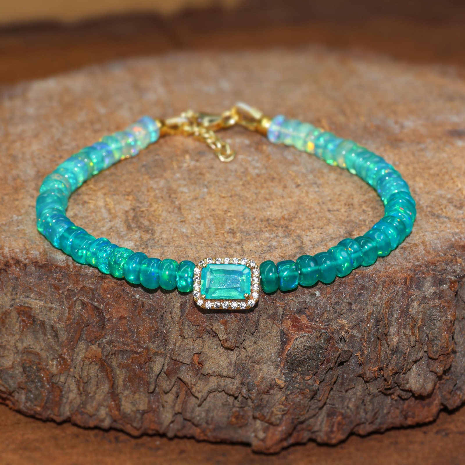 Green Opal Charm Bracelet, Gold Filled, October Birthstone