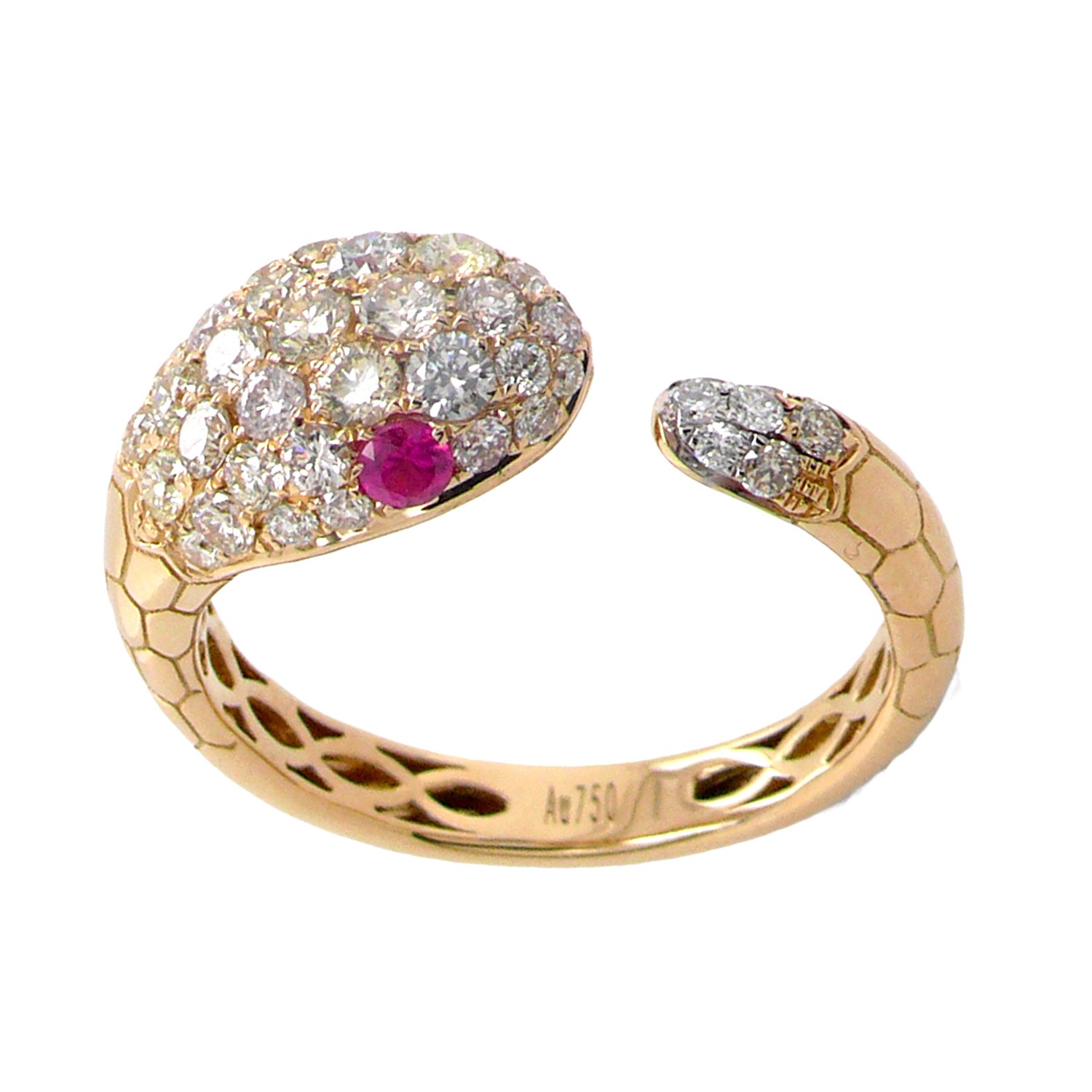 18K Yellow Gold Diamond Ruby Snake Wrap Ring 0.78Ct Diamond Open Band Size 7