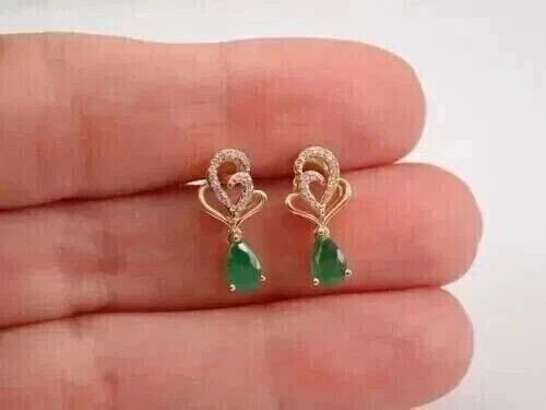 Simulated Green Emerald 3Ct Pear Cut Drop/Dangle Earrings 14K Yellow Gold Plated