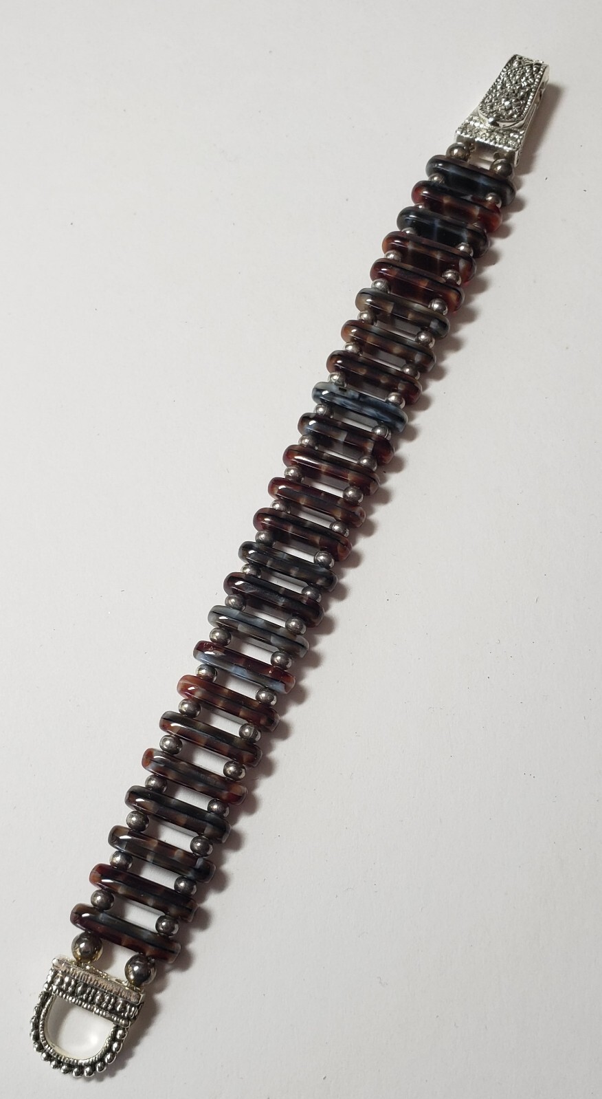 Brown Stone Beaded Small Bracelet with silver tone beads and clasp 6.5 in