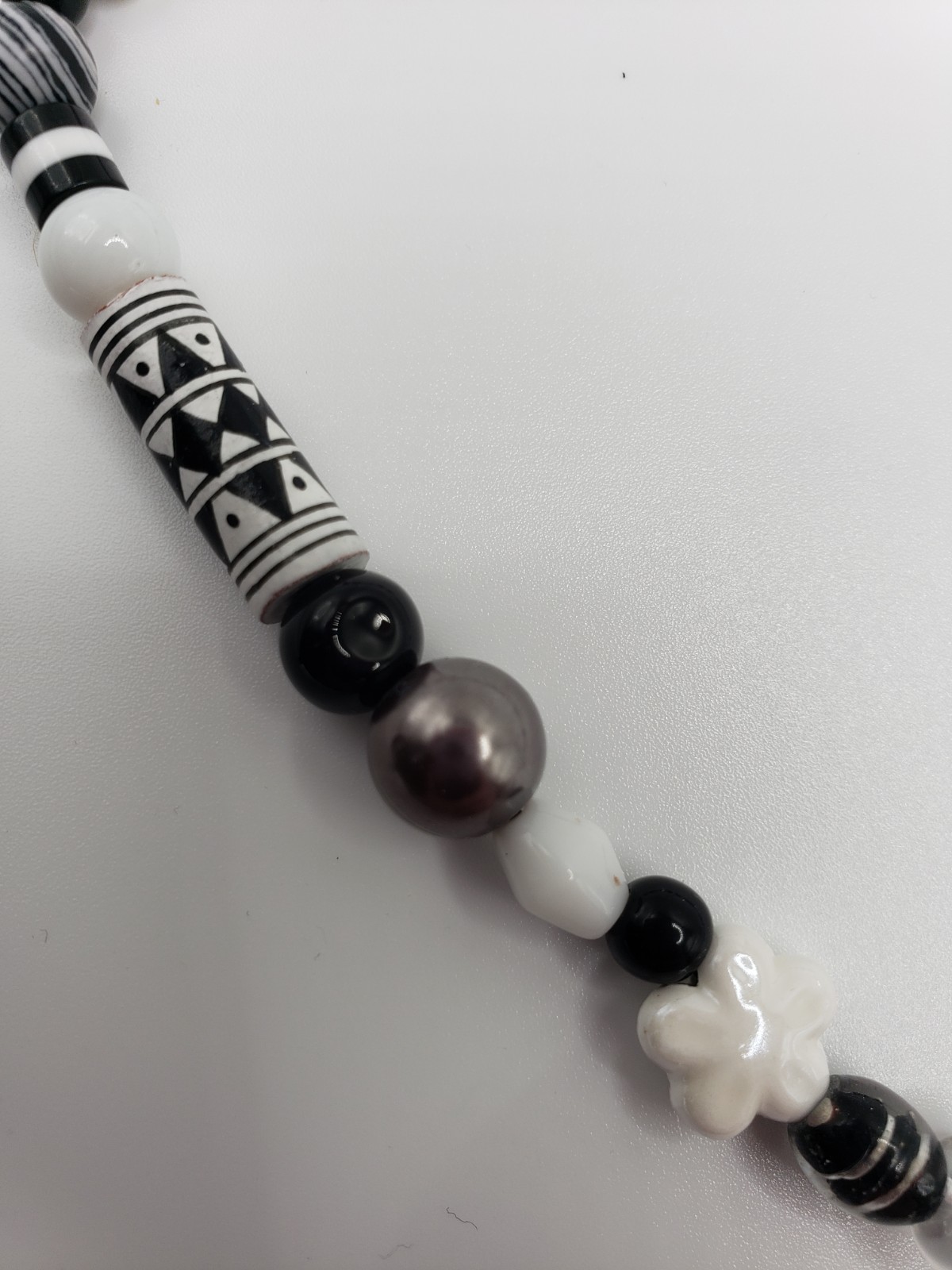 Handmade Black White Bead Necklace 21” Mixed Media OOAK Bead Soup Statement