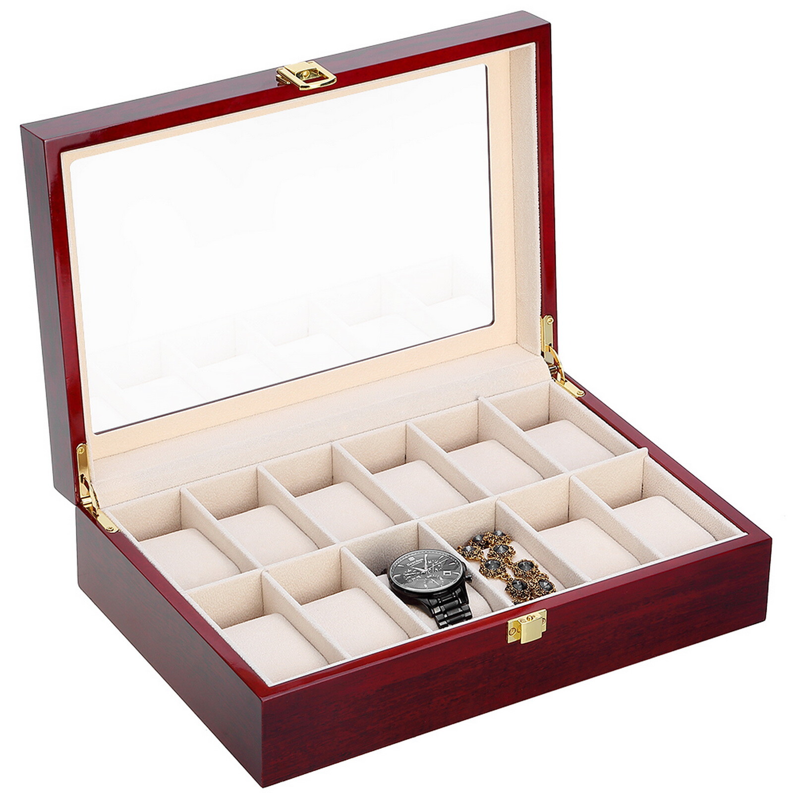12 Slots Man Wooden Watch Display Box Jewelry Storage Organizer Case Holder
