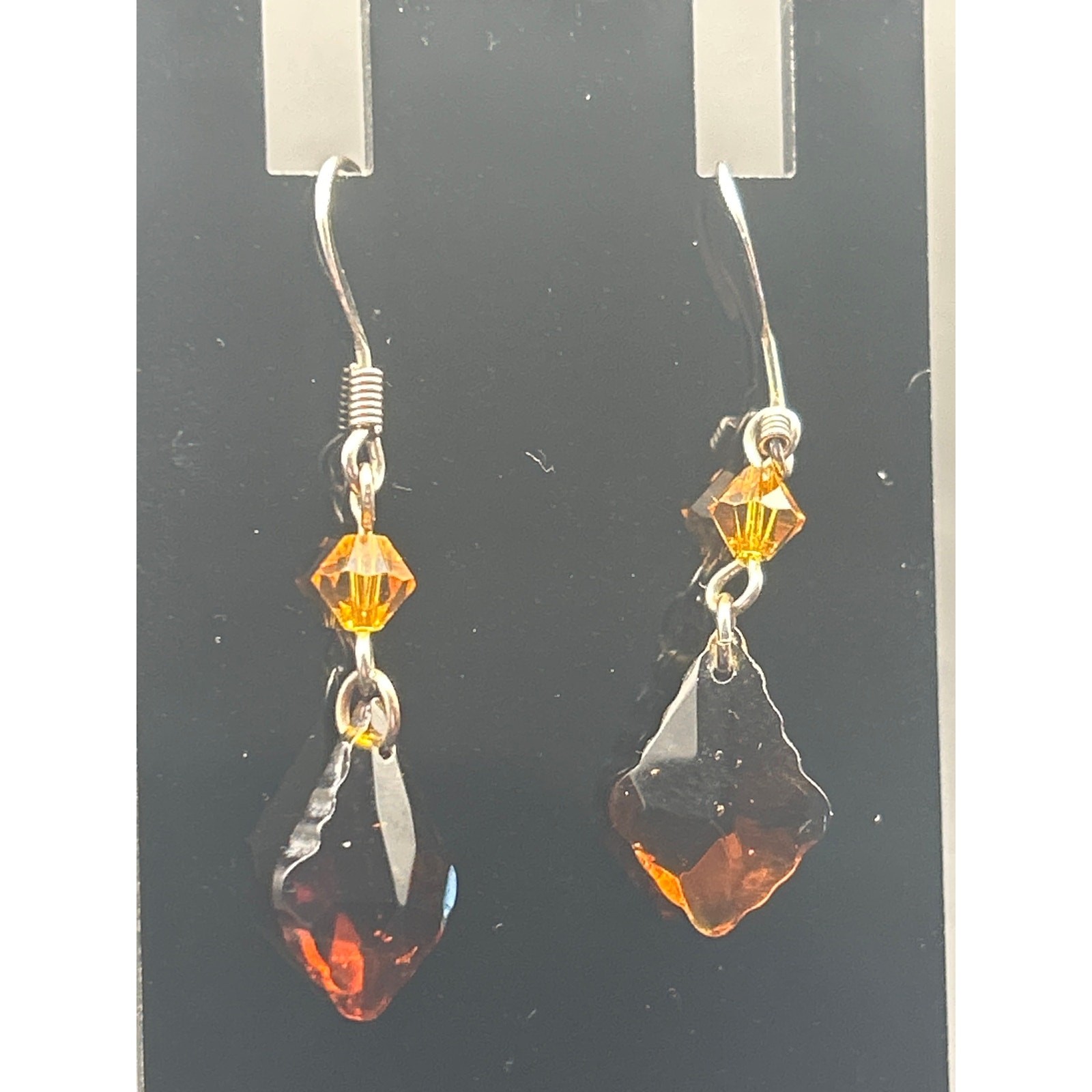 Vintage Amber Faceted Dangle Earrings | Orange Bead Diamond Drop