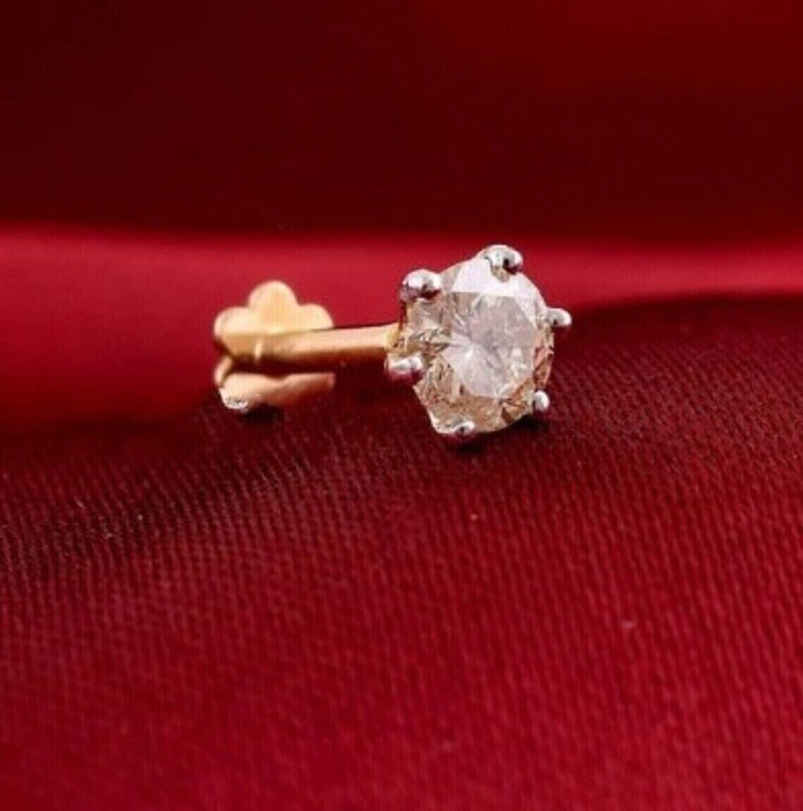 3MM Round Cut Natural Diamond Solitaire Nose Pin Screw Piercing 14K Yellow Gold
