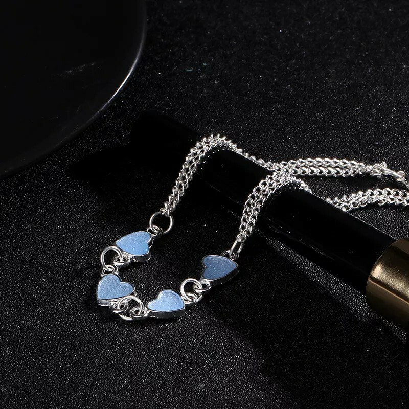 New Year Luminous Lady Beach Wind Blue Peach Heart Tassel Anklet Silver Chain