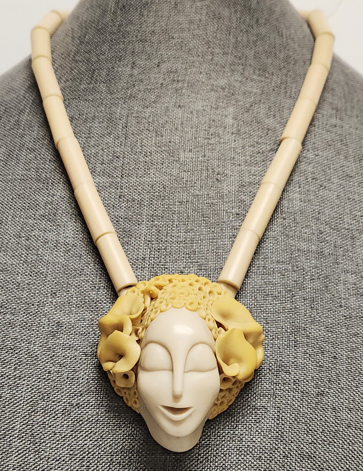 June Metaxides Art Nouveau Resin Figural Beauty Pendant Bead Necklace GF Chain
