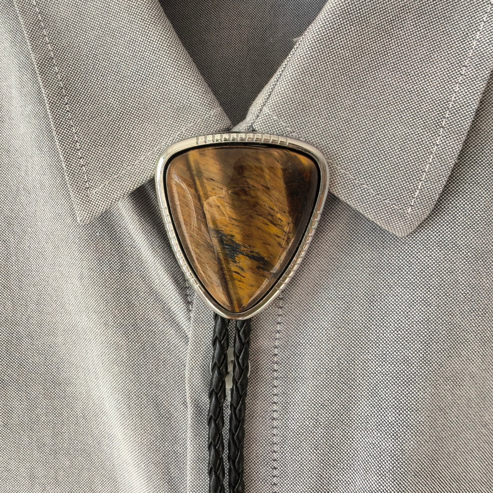 Triangle Tiger-eye Stone Western Cowboy Mens Bolo Tie PU Rope Wedding Necktie