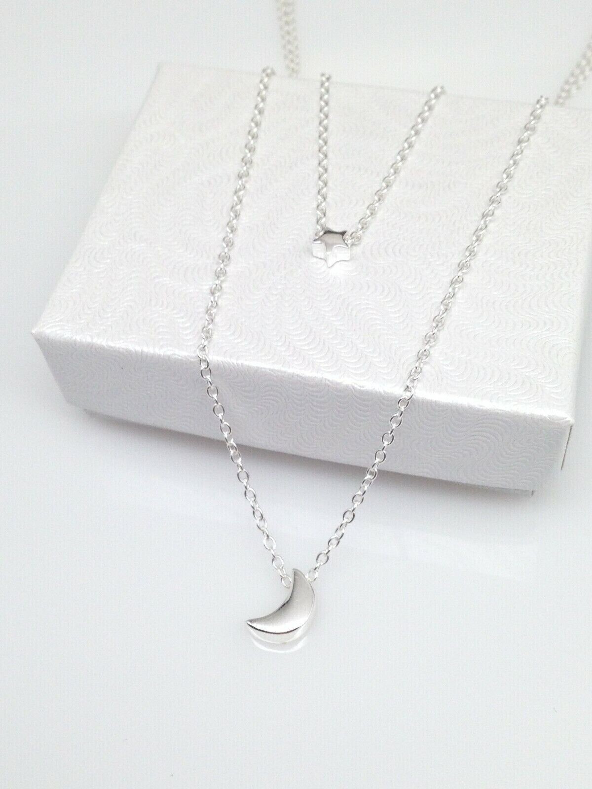 925 Sterling Silver Plain Star Crescent Moon Pendant Layered Necklace 2.8/7.8mm