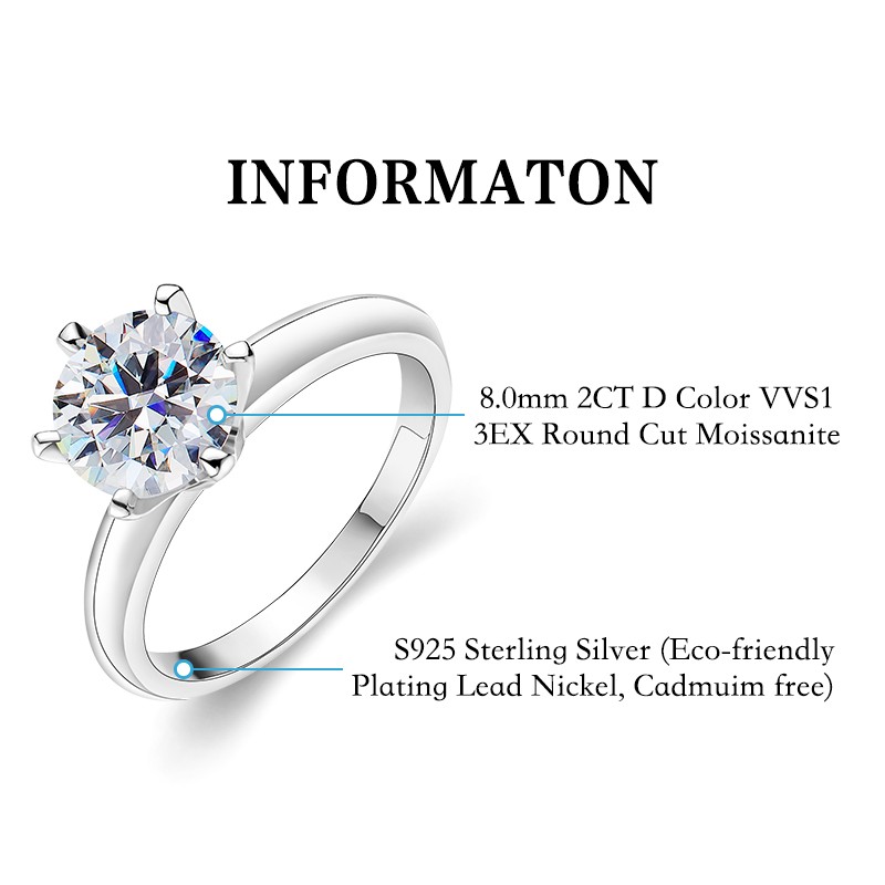 Round Cut D Color Classic Six-prong Ring 1-3ct 925 Silver for Women Jewelry