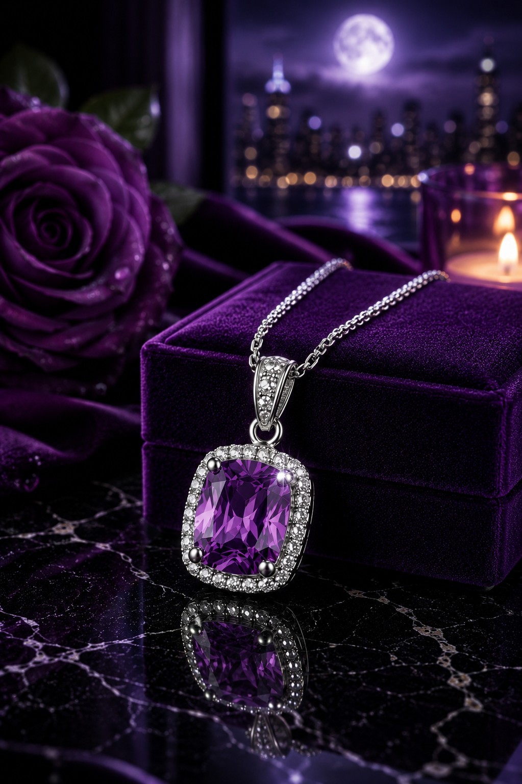 Purple Crystal Halo Pendant Necklace Silver Tone CZ Fashion Jewelry Gift Women