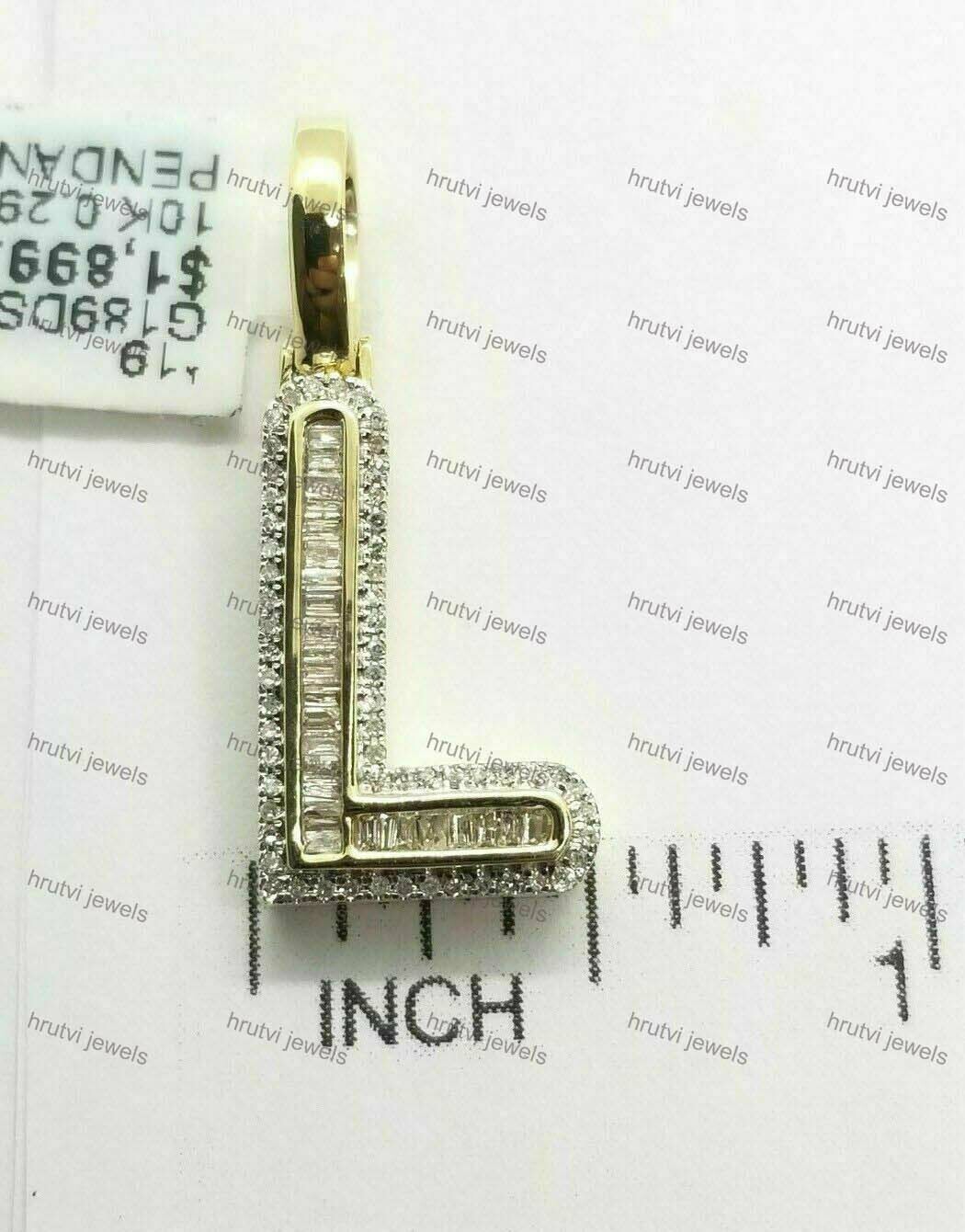 Yellow Gold Plated Baguette & Round Moissanite Initial Alphabet Letter L Pendant