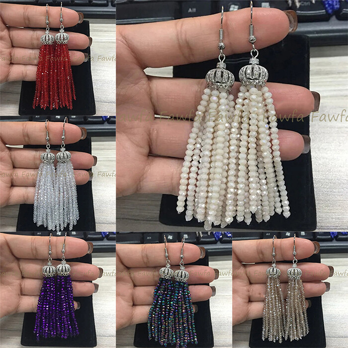 Faceted 3x4mm Multicolor Crystal Beaded Tassel Crown Dangle Silver Hook Earrings