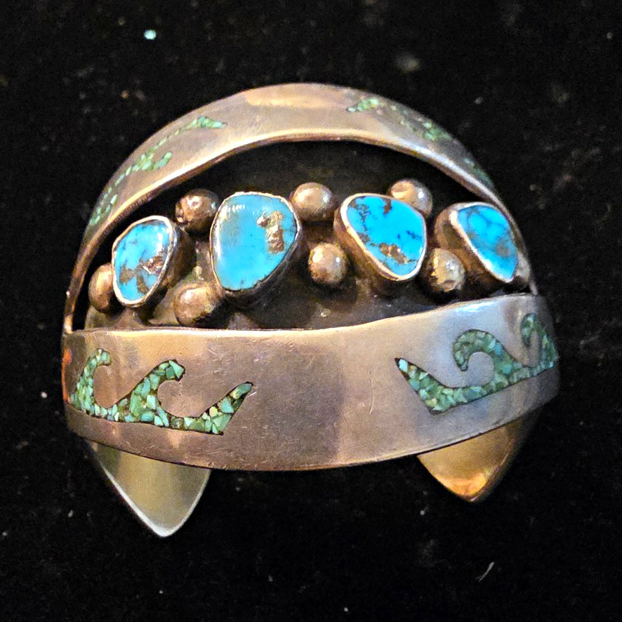 Sterling Silver Turquoise Cuff Bracelet Signed Unisex Adults Blue Green