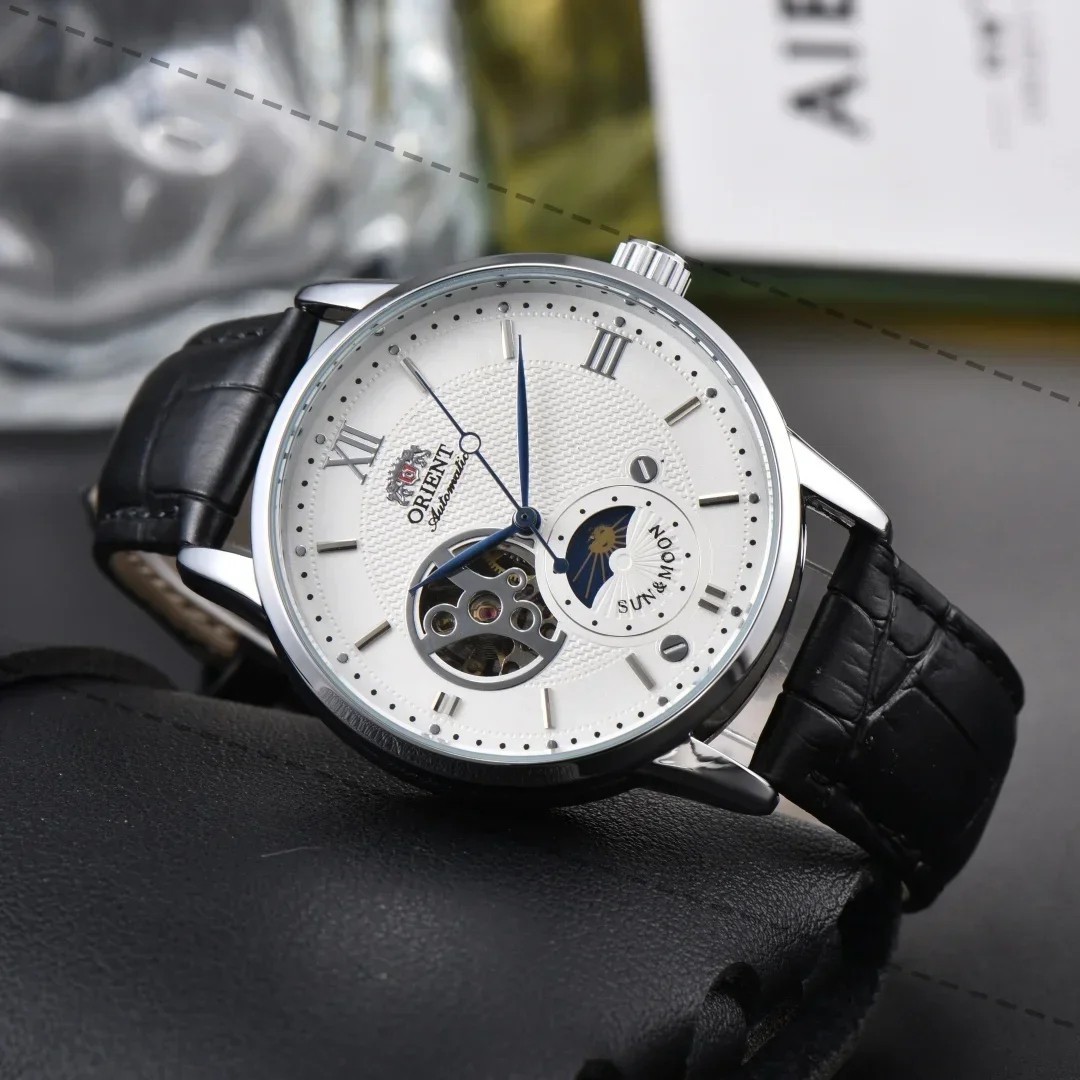 Sun & Moon Semi Skeleton Automatic Watch Men’s Leather Strap Luxury Gift