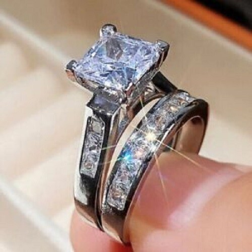 Princess Cut Lab-Created Diamond Wedding Band Bridal 925 Silver Gift Ring Set