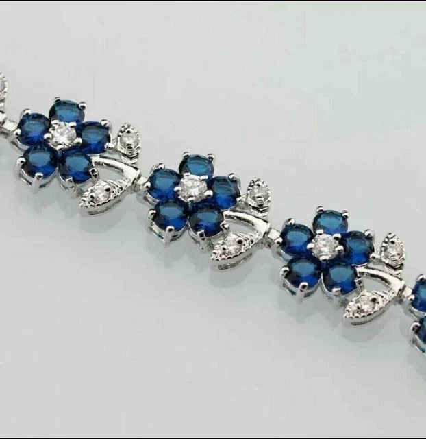 Blue Sapphire & Round Diamond Lab Created Tennis Bracelet 14K White Gold Plated