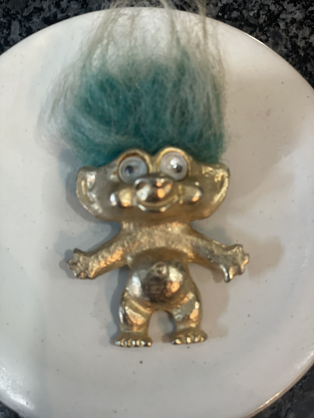 Rare Vintage 1963 Pan Gold Tone Troll Turqouise Hair 28.5 grams Brooch Stamped