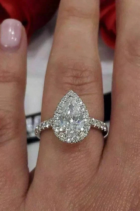 1.50Ct Pear Moissanite Halo Style Engagement Wedding Ring 14k White Gold Plated