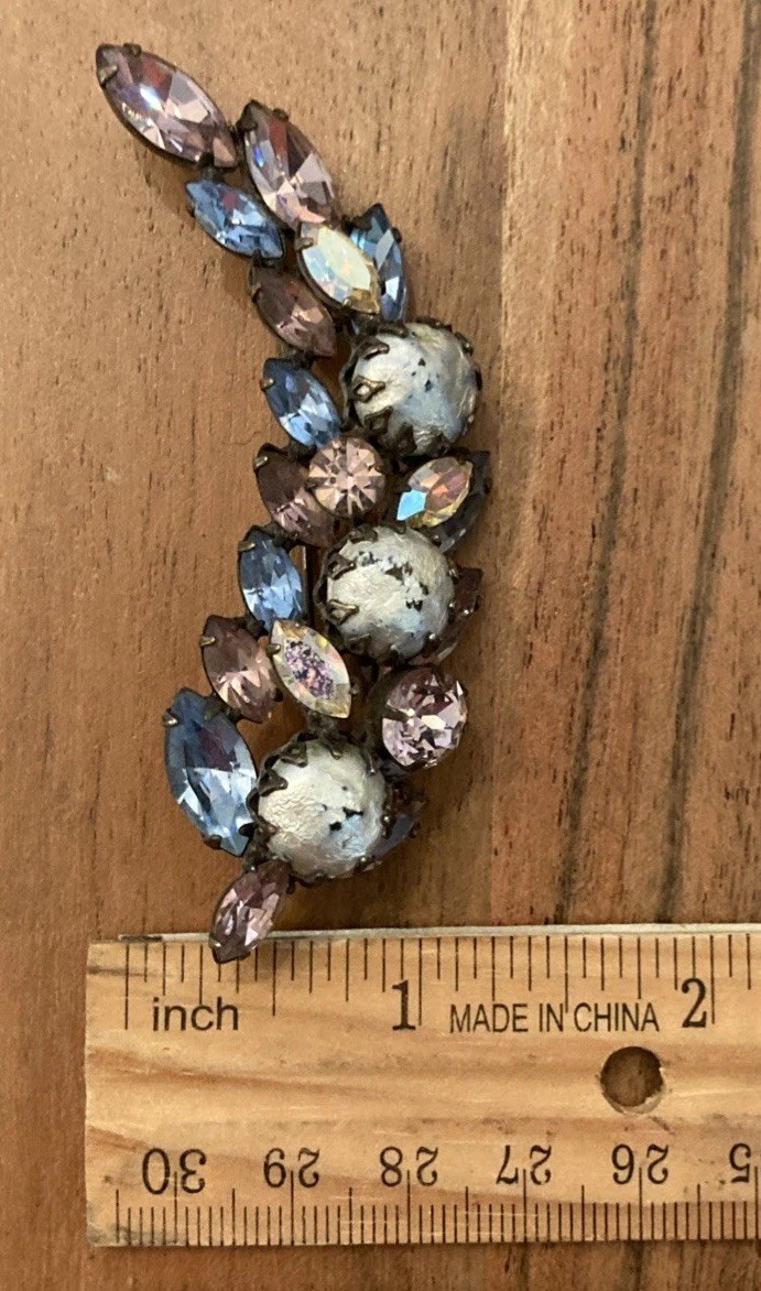 Signed Vintage Regency Pink Blue White Art Glass Rhinestone Brooch Pin | J811