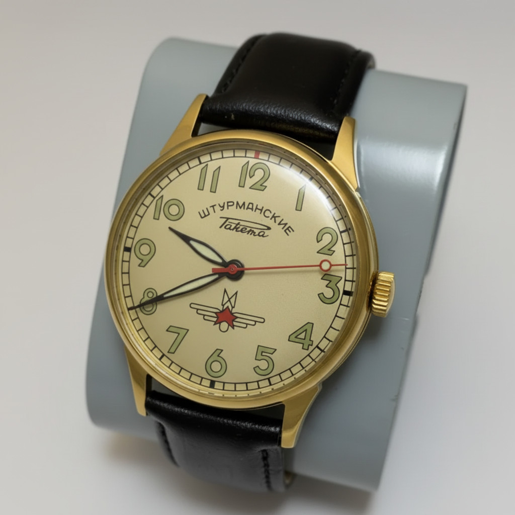 Raketa Shturmanskie Pilot Men’s Mechanical Watch Gold Tone Cream Dial